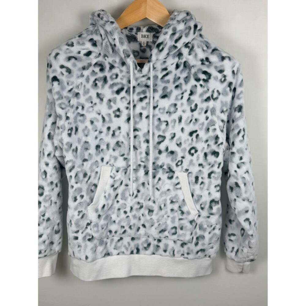 BKE Leopard Print Plush Fleece Hoodie White Green Size Small